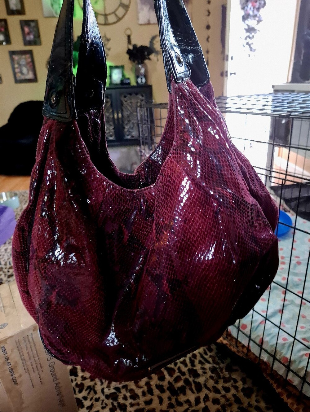 Nine West Burgandy Patent Leather Snake-Texture Hobo Bag - Women's Fashion Tote